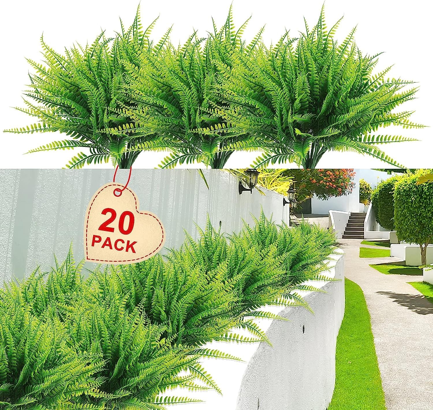 Outdoor Artificial Boston Fern Plants Bushes 20Packs Faux Plants Shrubs Green…