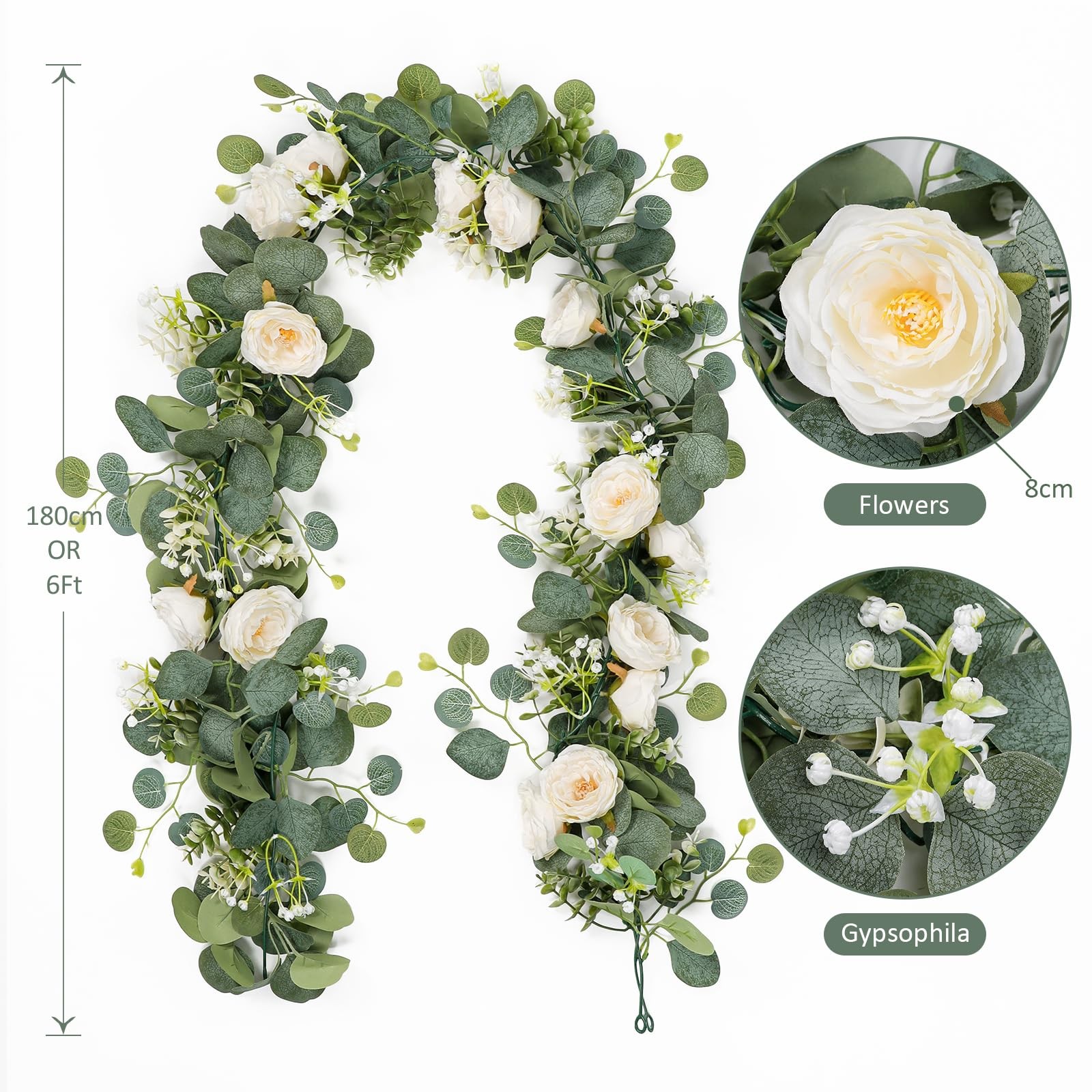 4 Pack Artificial Eucalyptus Flower Garland with White Roses, Fake Rose Flowe…