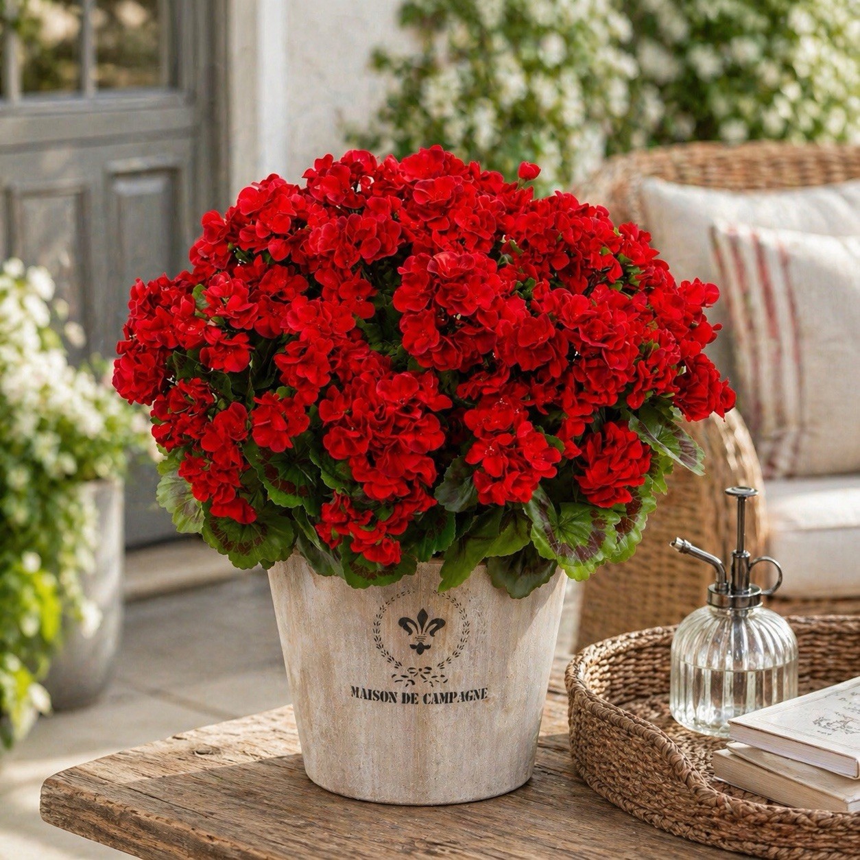 22” Artificial Geranium in Farmhouse Planter UV Resistant (Indoor/Outdoor)