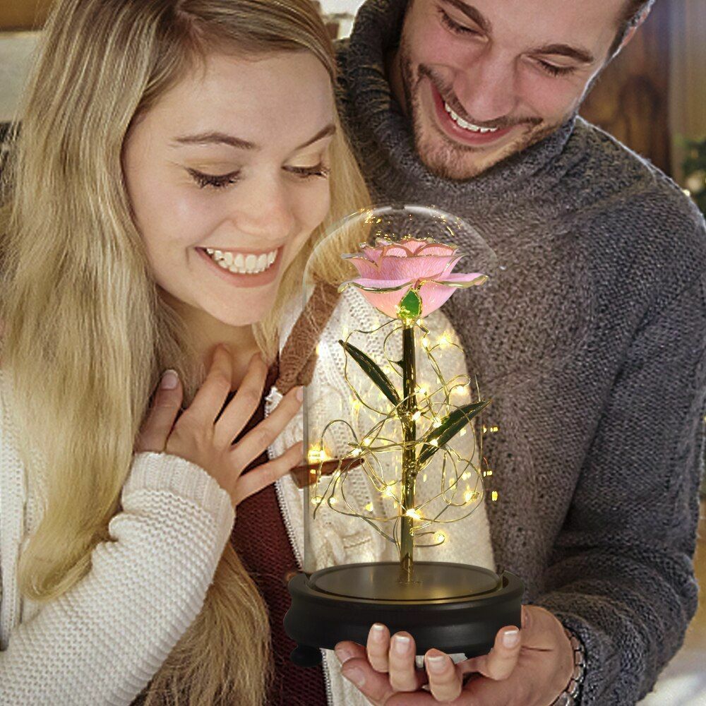 Gold Dipped Rose Flower In Glass Birthday Wedding Valentine Mothers Gift Womens