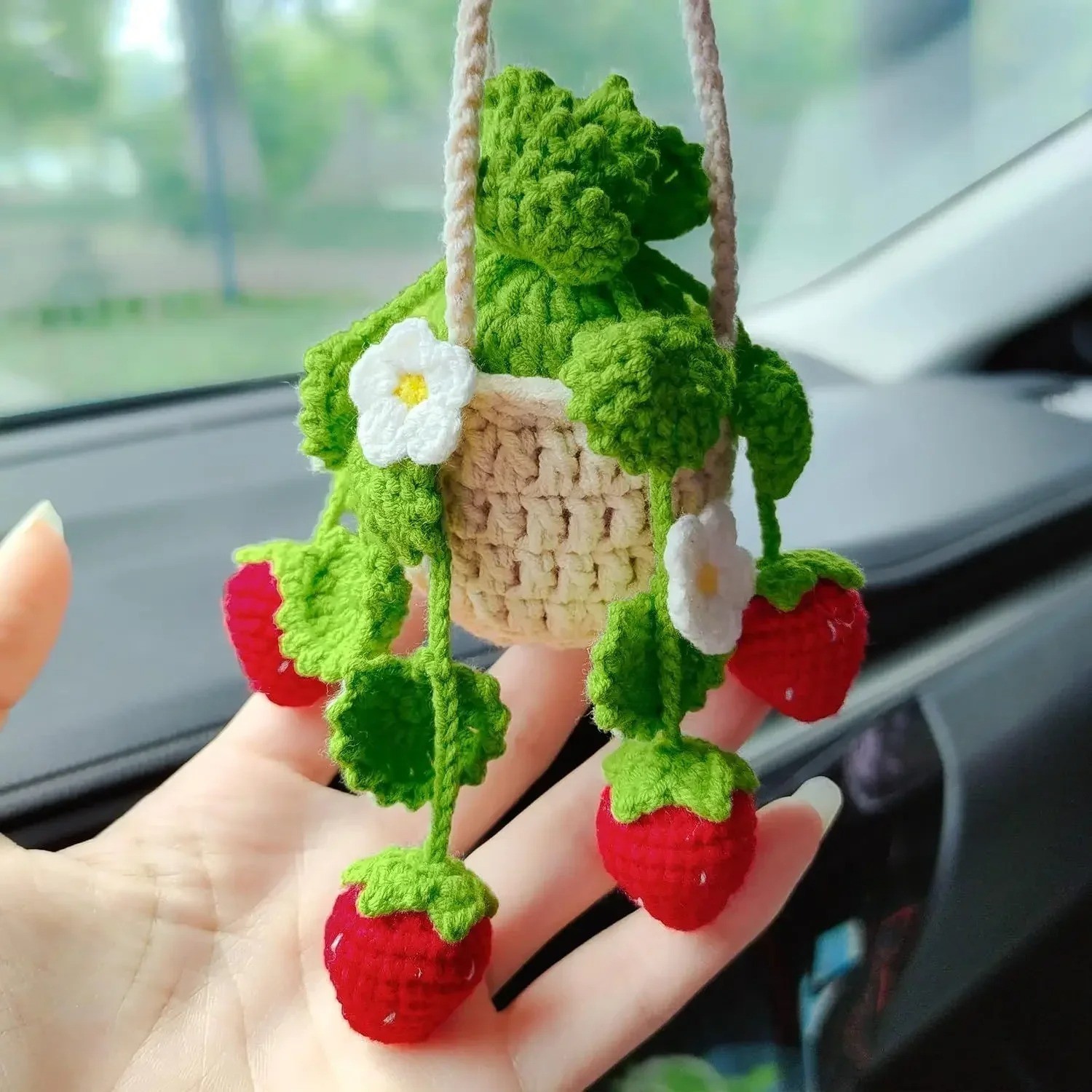 Crochet Strawberry Hanging Plant Car Charm Rear View Mirror Decor Ornament