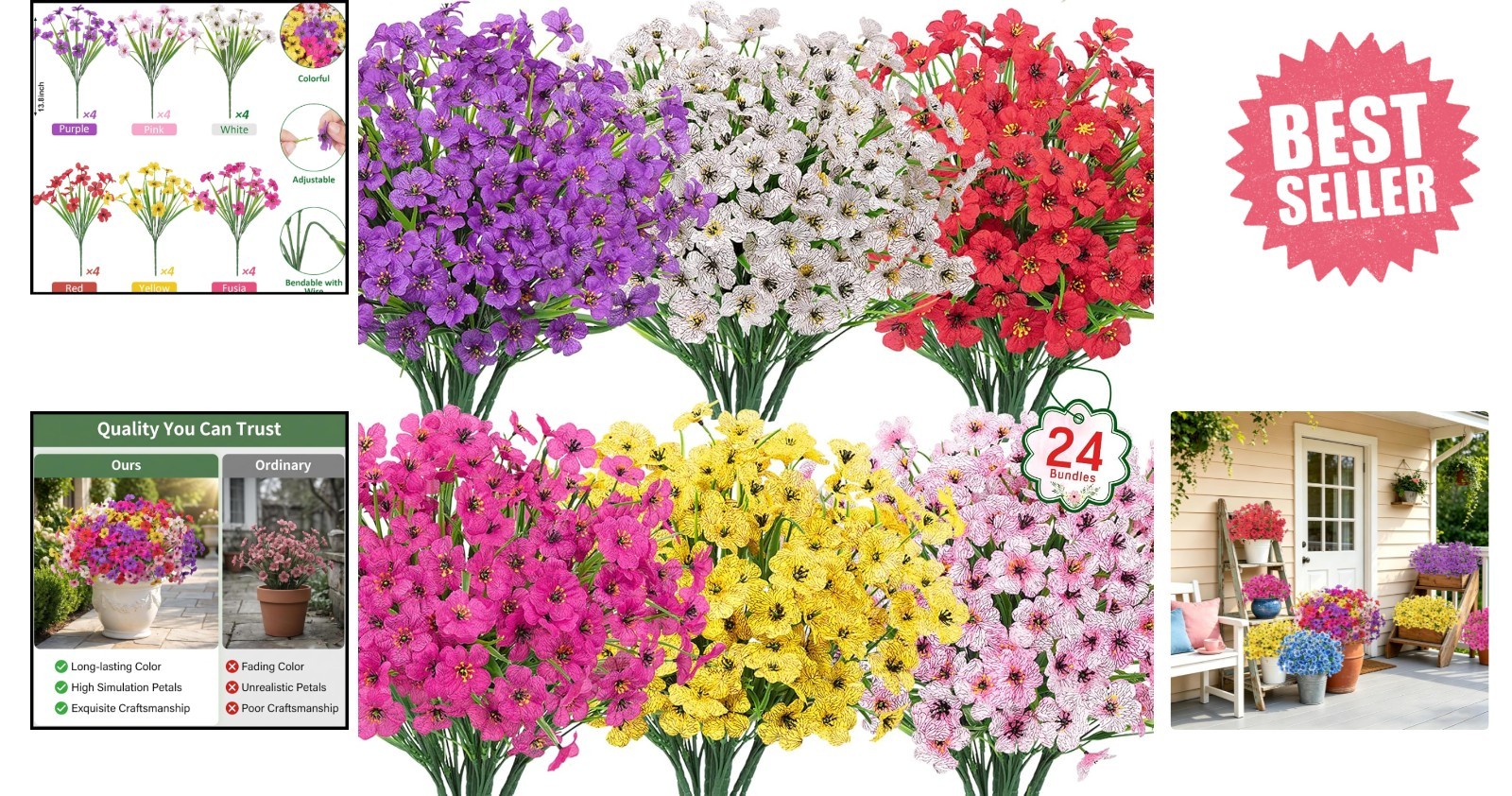 Stunning 24 Bundle Silk Artificial Flowers – Perfect for Garden & Porch Decor