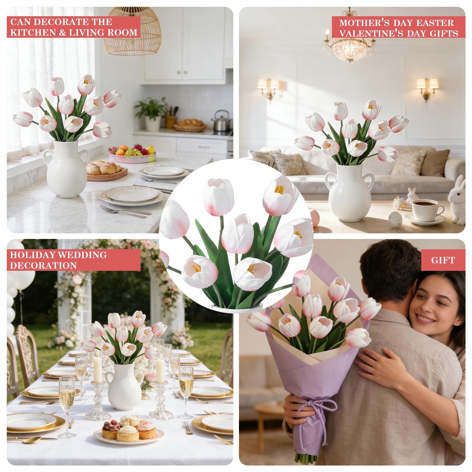 Artificial Tulips Flowers Blush Pink PU Real Touch Faux 18.5 Inch Easter Decor