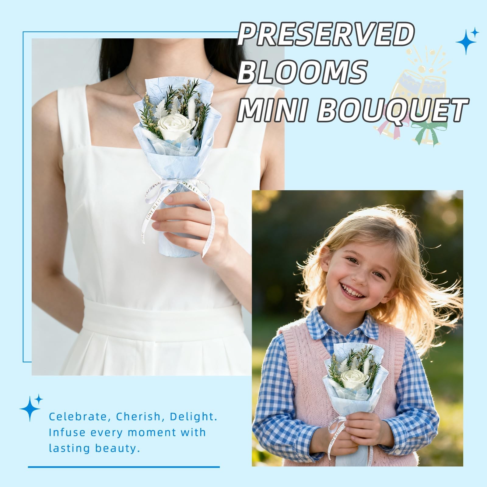 Small Preserved White Rose Bouquet Natural Forever Flowers Arrangement Box