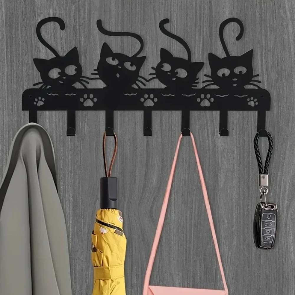 7-Claw Black Cat Halloween Key Holder – Iron Entryway Wall Decor Hooks