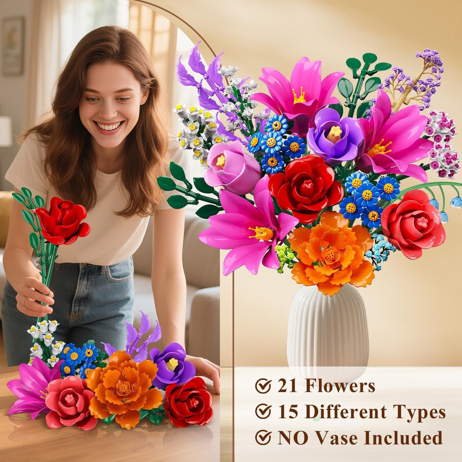 21 Flowers Bouquet Building Set with Light for Adults Girls 8-12+ | Artificia…