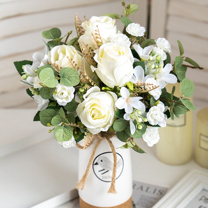 Artificial Rose And Eucalyptus Flower Bouquet High Quality Home / Wedding Decor