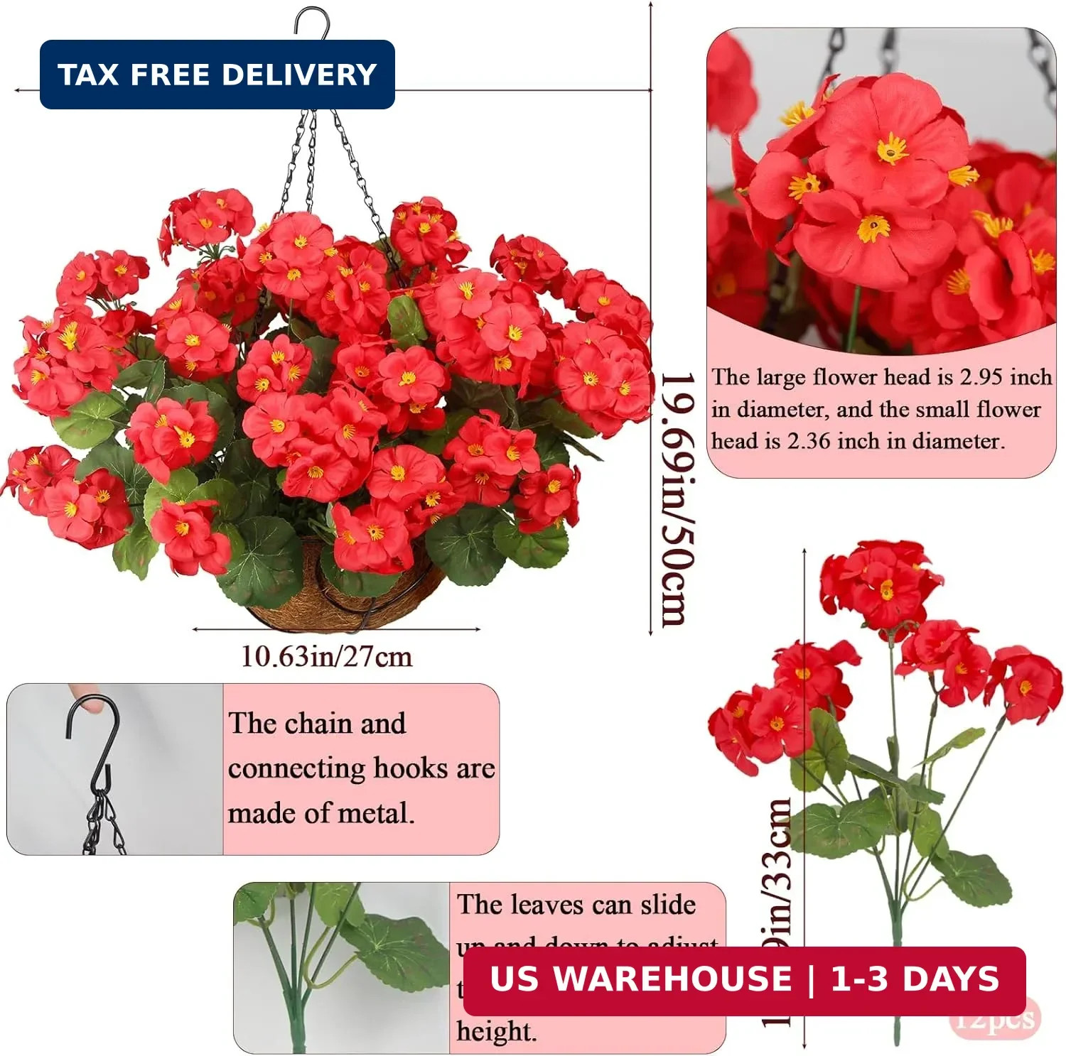 Artificial Flowers for Outdoors with Hanging Basket 12 Pcs Silk Red Geraniums Ar