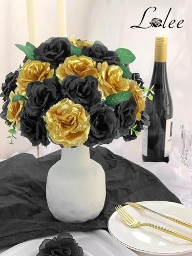 108pcs Roses Head Flowers with Stem – Black & Gold Graduation Black-gold