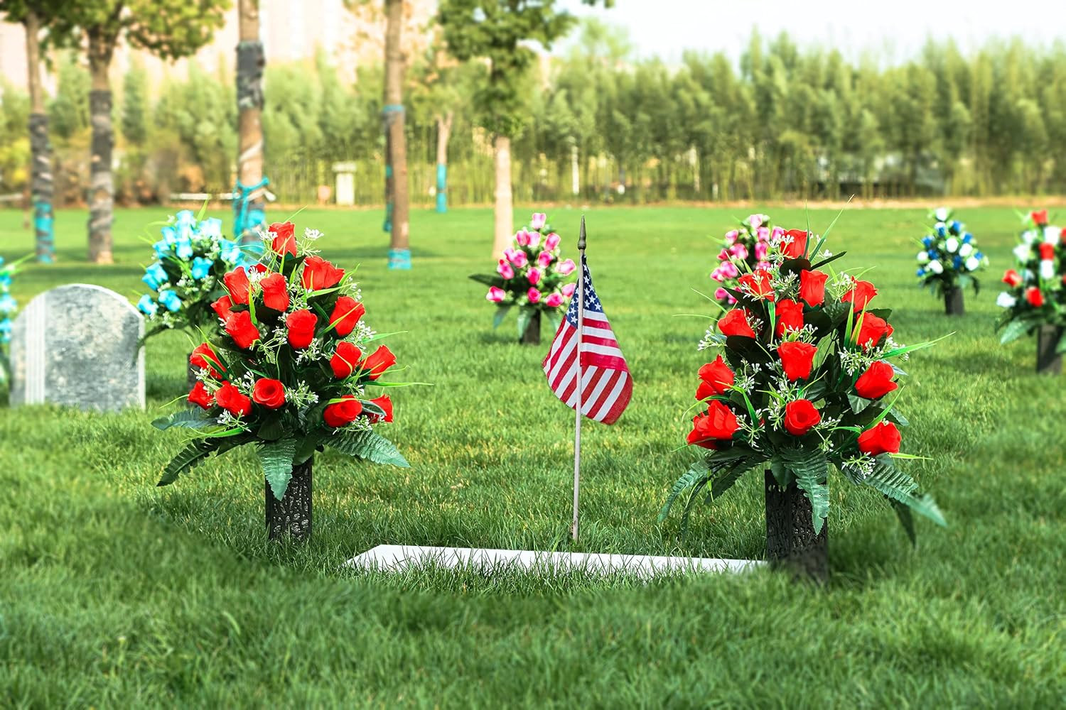 2 Sets Artificial Cemetery Flowers,Outdoor Grave Decorations Roses,Beautiful …