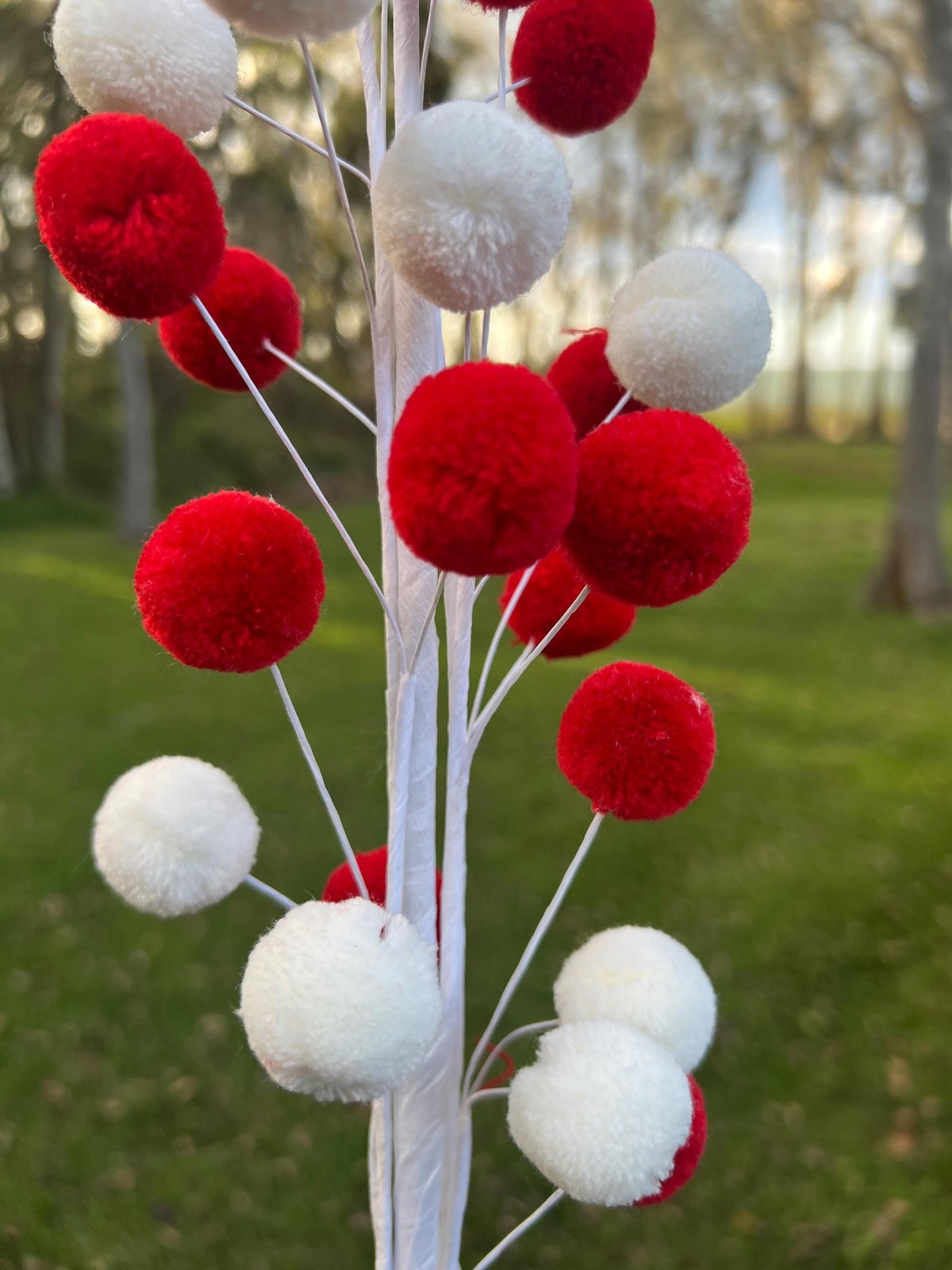 Extra Long 32-inch Red & White Pom Pom Spray – Festive Christmas Tree Decoration
