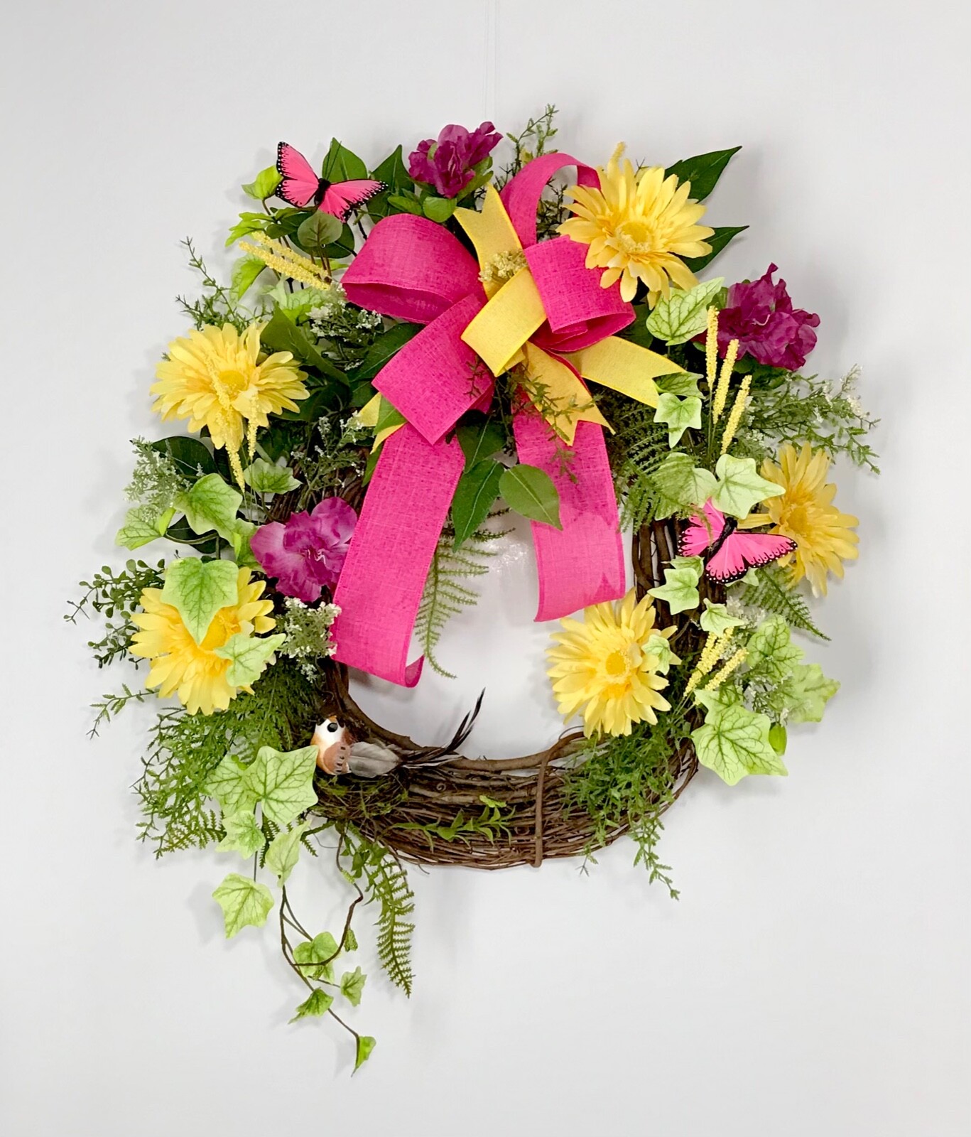 SPRING SUMMER GRAPEVINE BRIGHT YELLOW WREATH DECORATION RIBBON BOW HANDMADE NEW