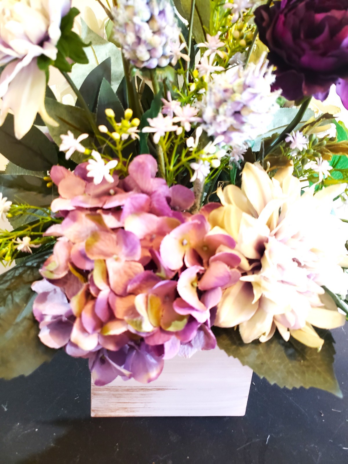 Purple Hydrangea & Aubergine Ranunculus Floral Arrangement, Green Dahlia Floral