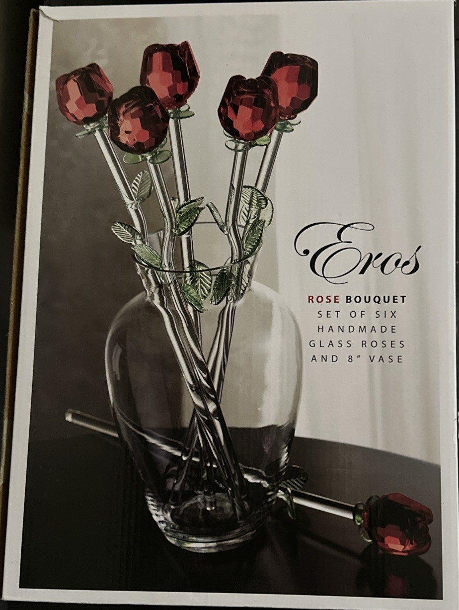 Eros (6) Bouquet Handmade Glass Roses With 8” Vase