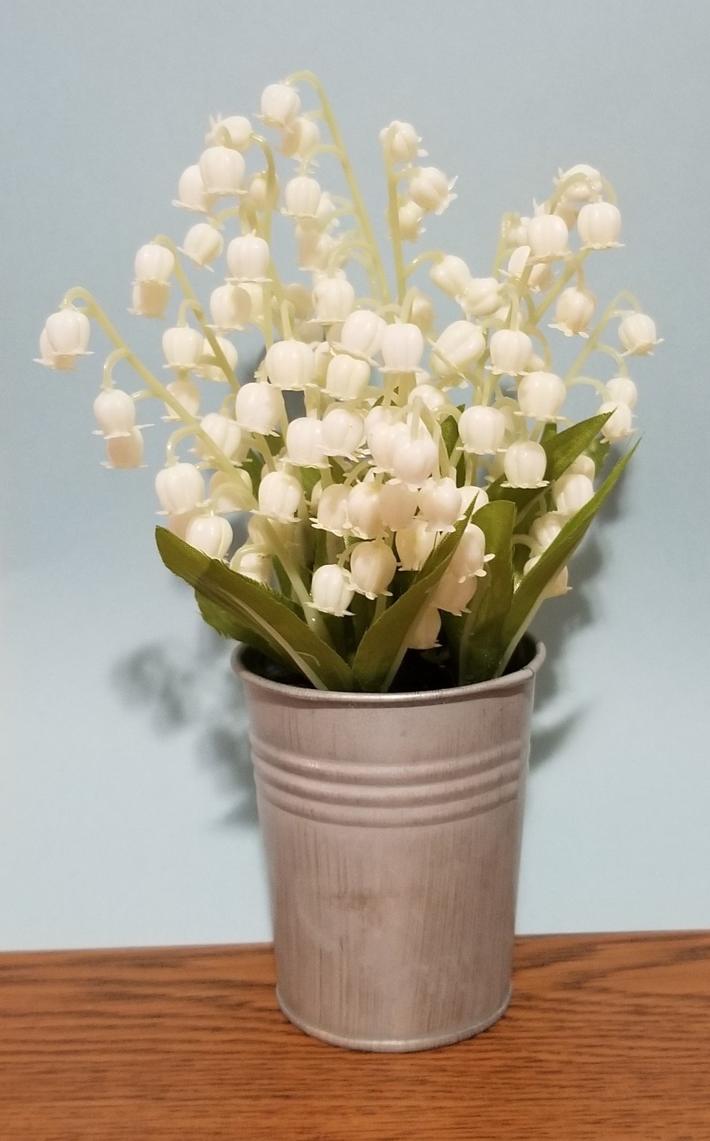 Lily of the Valley 8″ tall, white bell flowers, silver metal pot, Hobby Lobby