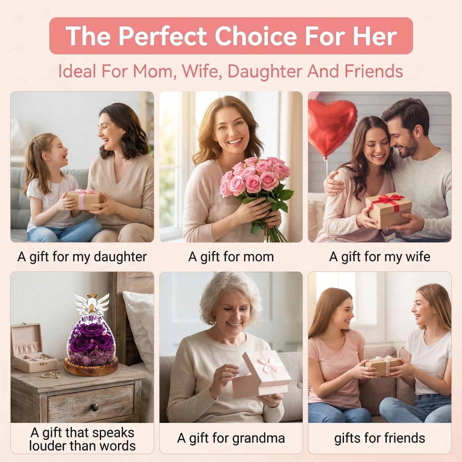 Preserved Rose Angel Figurines with Light – Forever Flowers Gift for Mom Gran…