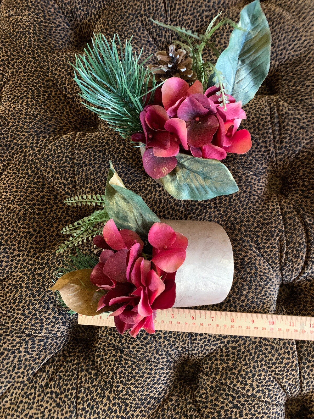 2 Red Hydrangea Floral Plant Greenery Faux Silk Stone Pot 7” Decor Accent