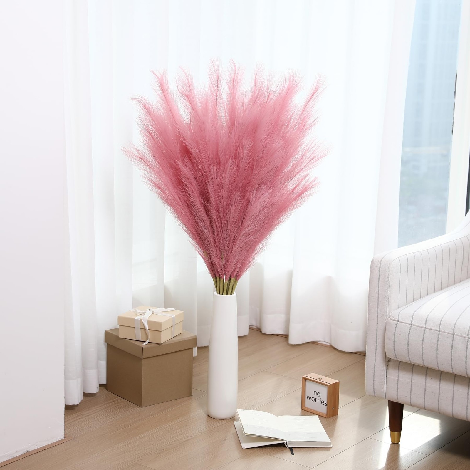 8 PCS 45 Inch Tall Large Artificial Dark Pink Faux Pampas Grass Floor Vase