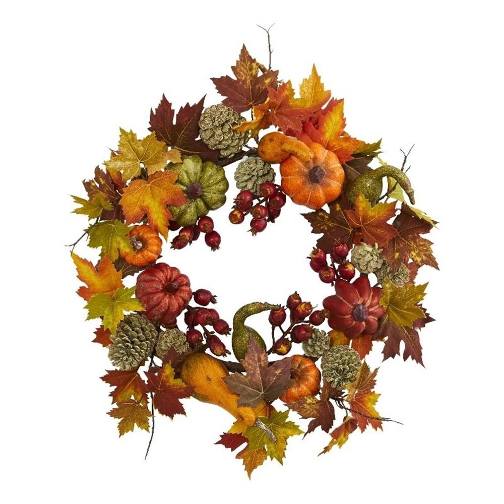 Nearly Natural 24″ Pumpkin Gourd Berry & Maple Leaf Wreath in Orange