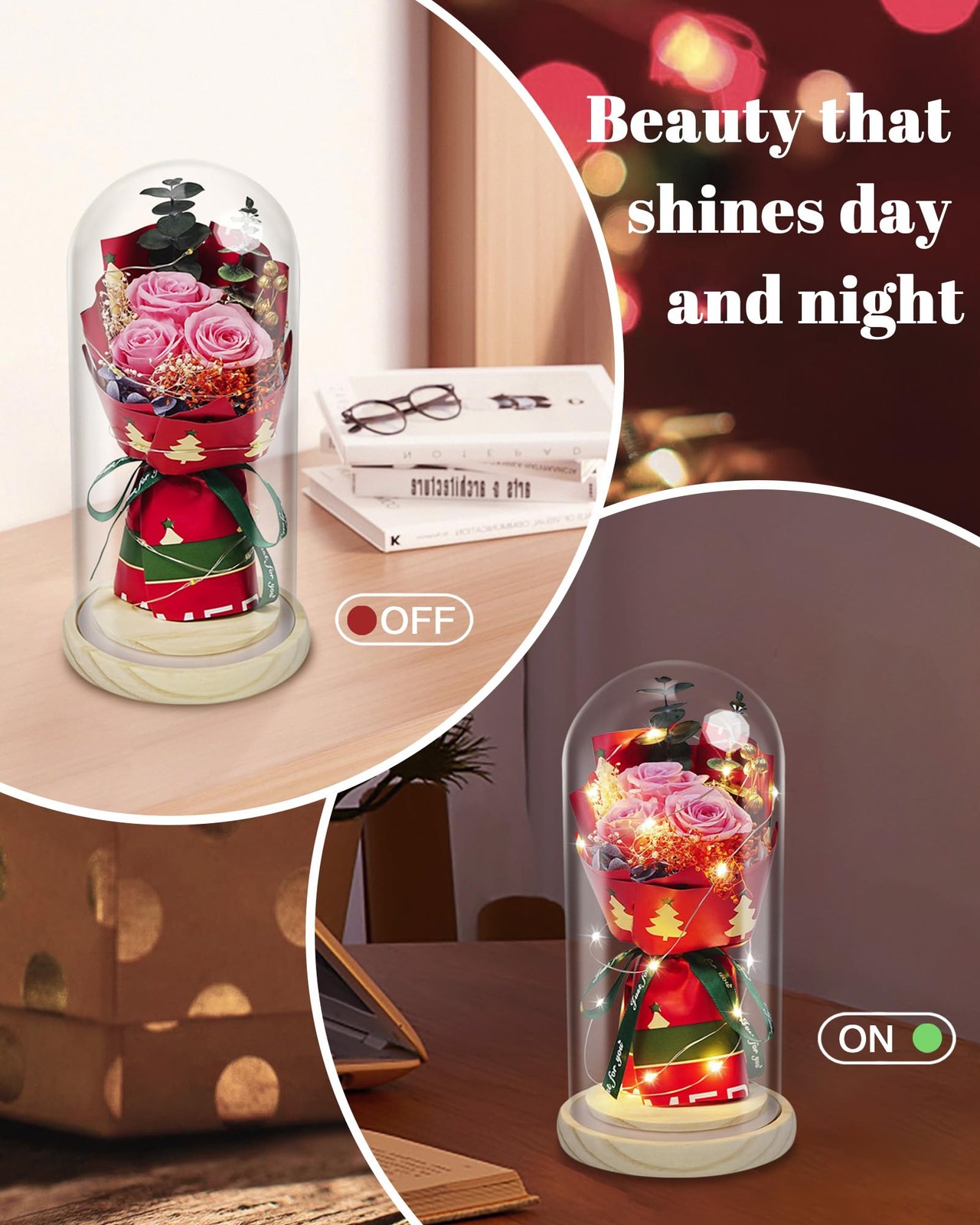 HVY Preserved Flowers in Glass for Her,Pink Real Rose Bouquet with LED Light,Ete