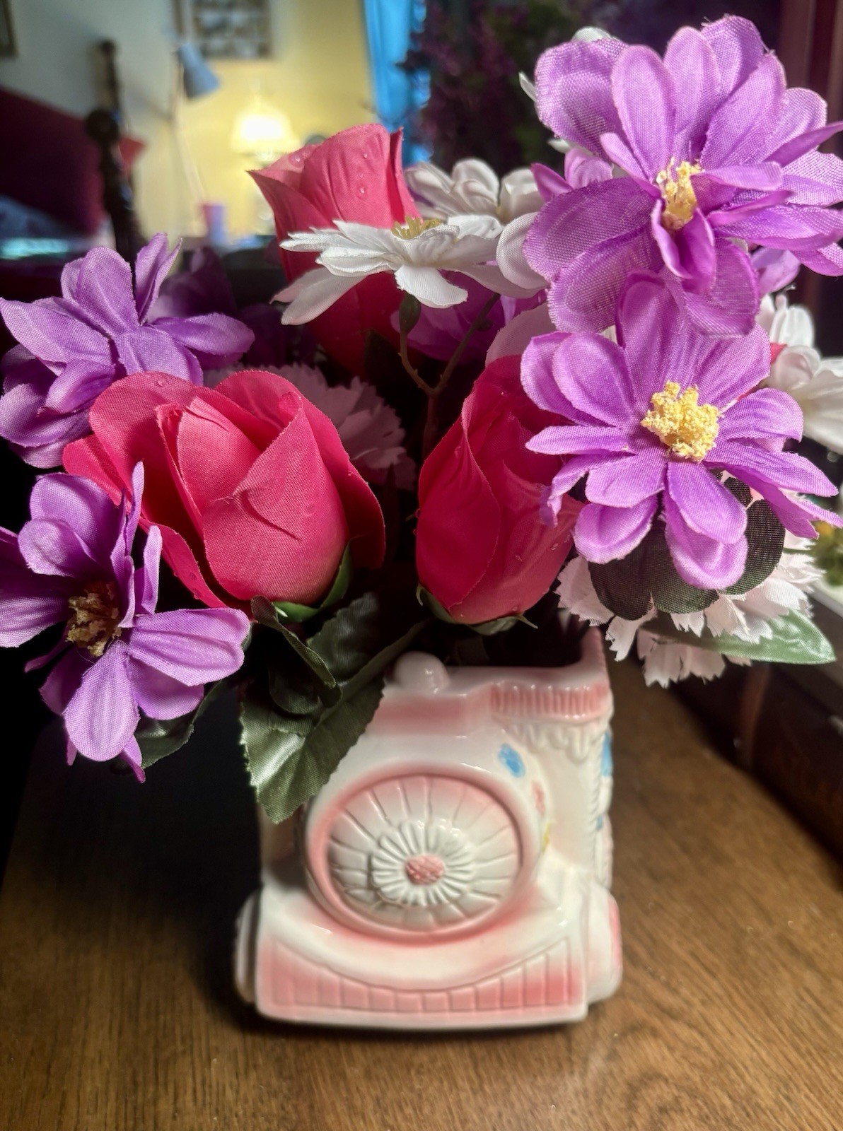 Baby shower floral arrangement decor With Cute Retro Clown Train Car Vase
