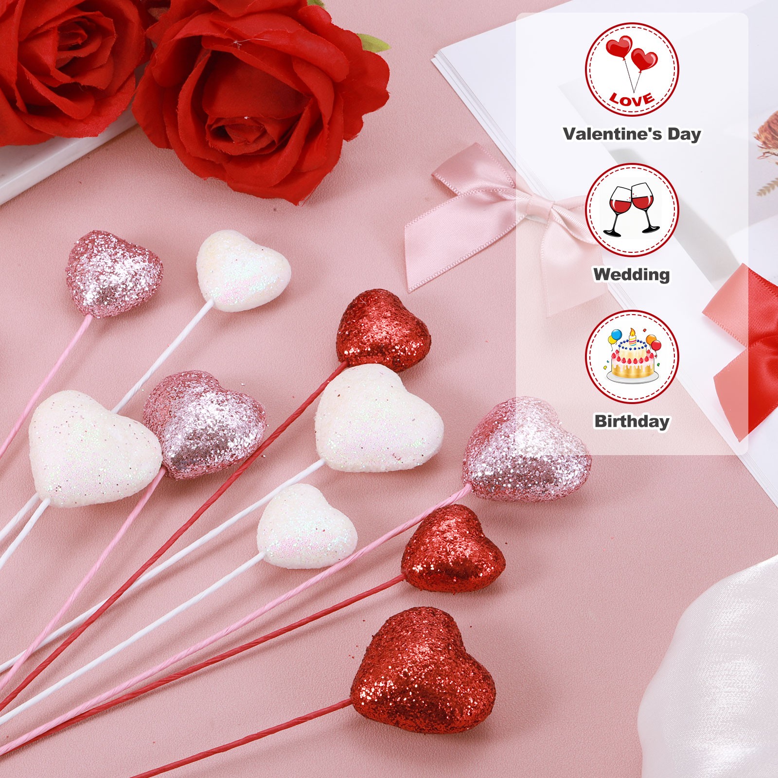 6 Pcs Glitter Heart Shaped Picks Foam Hearts Stick (Red/Pink/White, 3cm x 21cm)