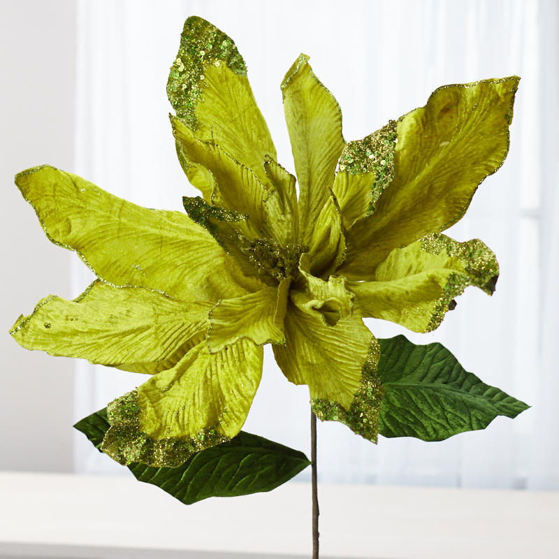 Oversized 44″ Light Green Glittered Velvet Poinsettia Stem