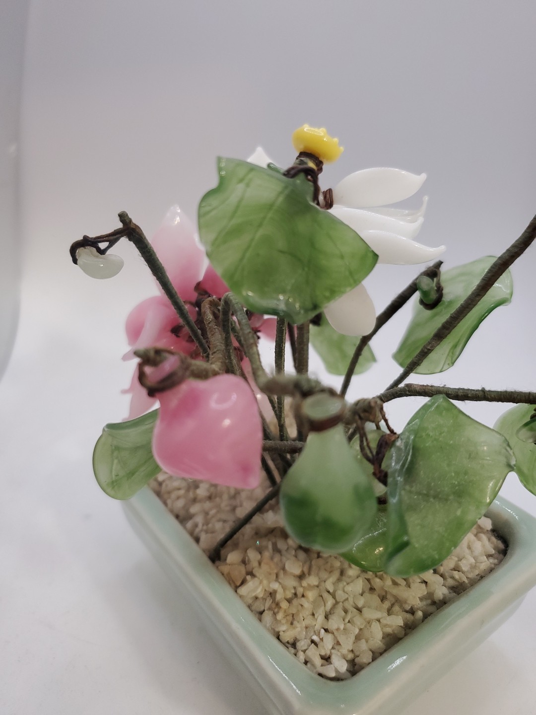 Vintage Glass & Jade Pink Flower Arrangement ~ Set Of 2