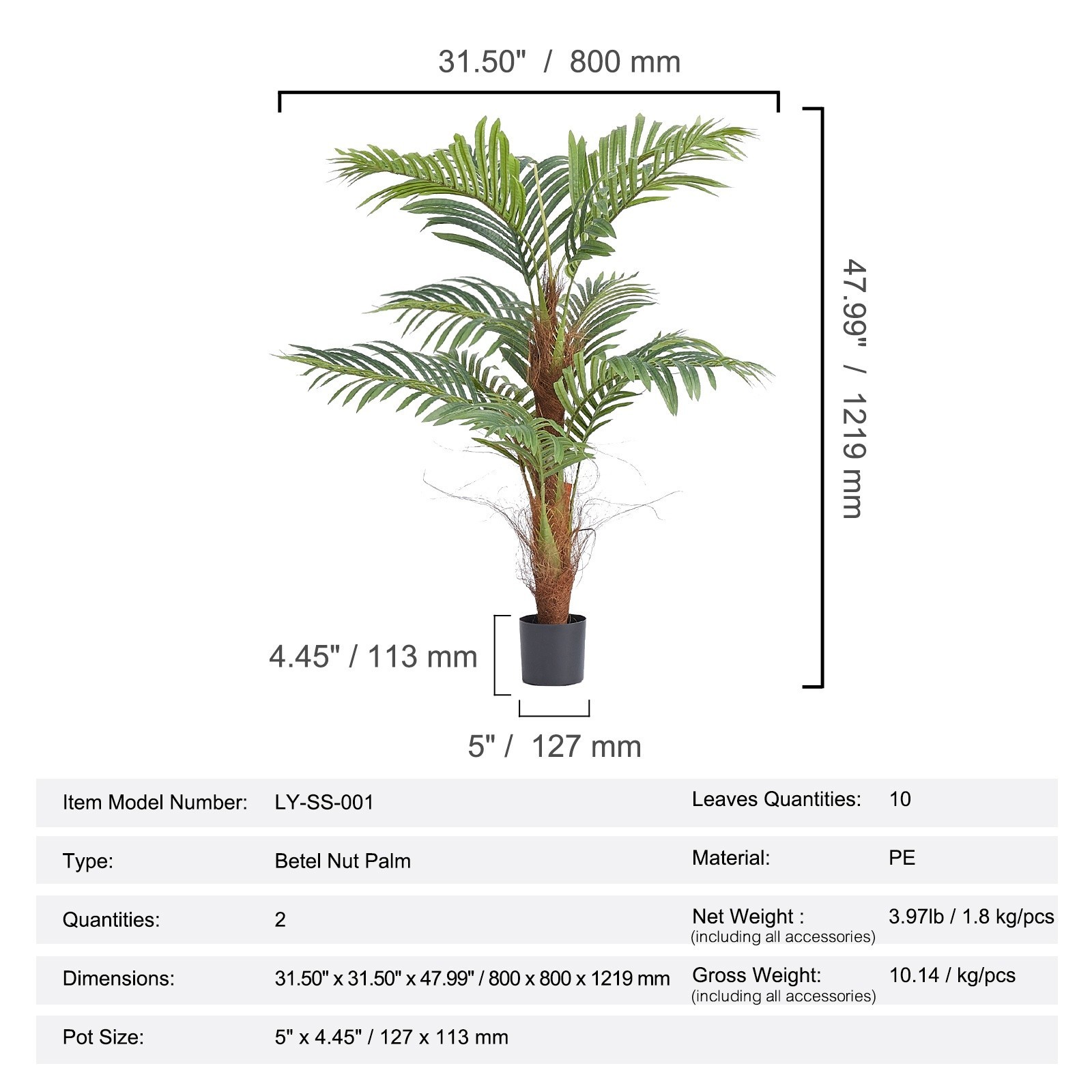 Artificial Palm Tree, 4 FT Tall Faux Plant, Durable PE Material & Stable Base
