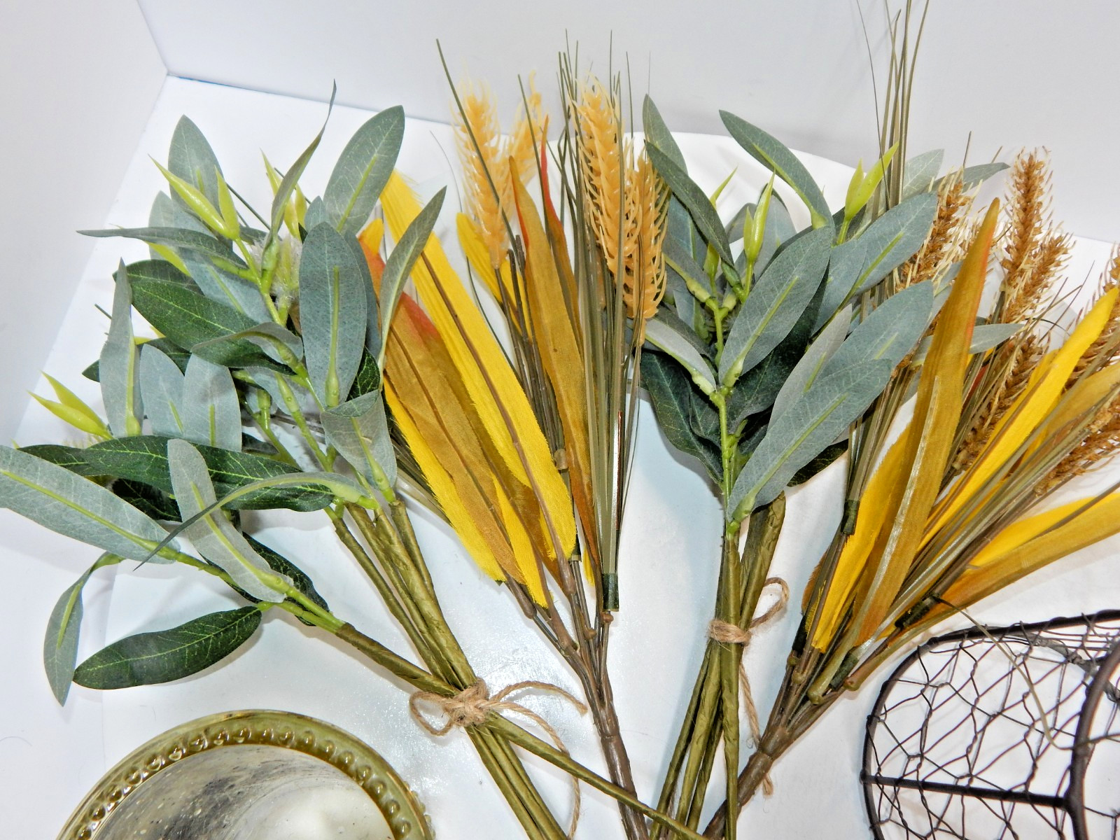 Bouquet Mix Artificial Fall Foilage ripened wheat grains stems glass wire basket