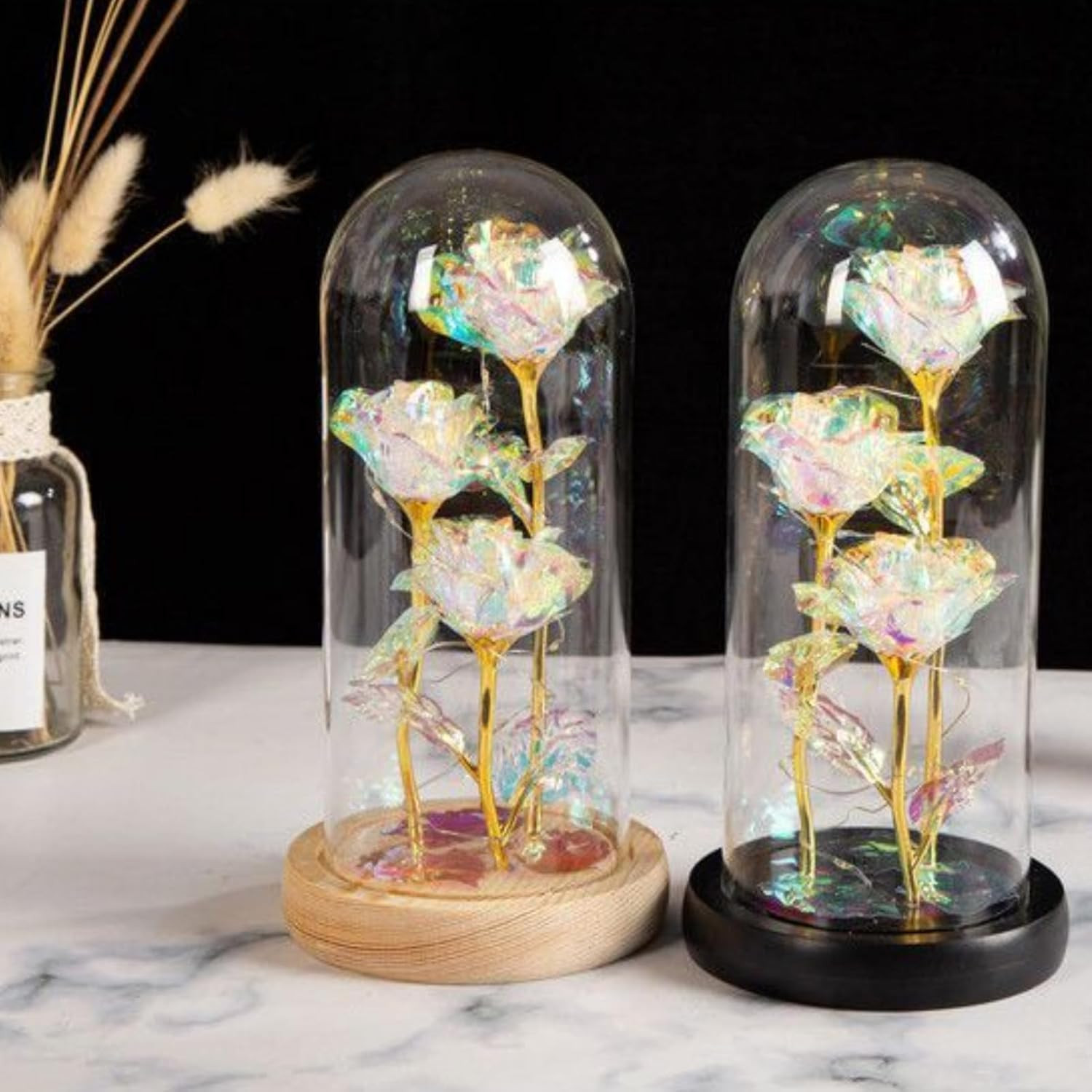 Mothers Day Mom Gifts: Rainbow LED Galaxy Glass Flower Rose in Glass Dome, 3 Col