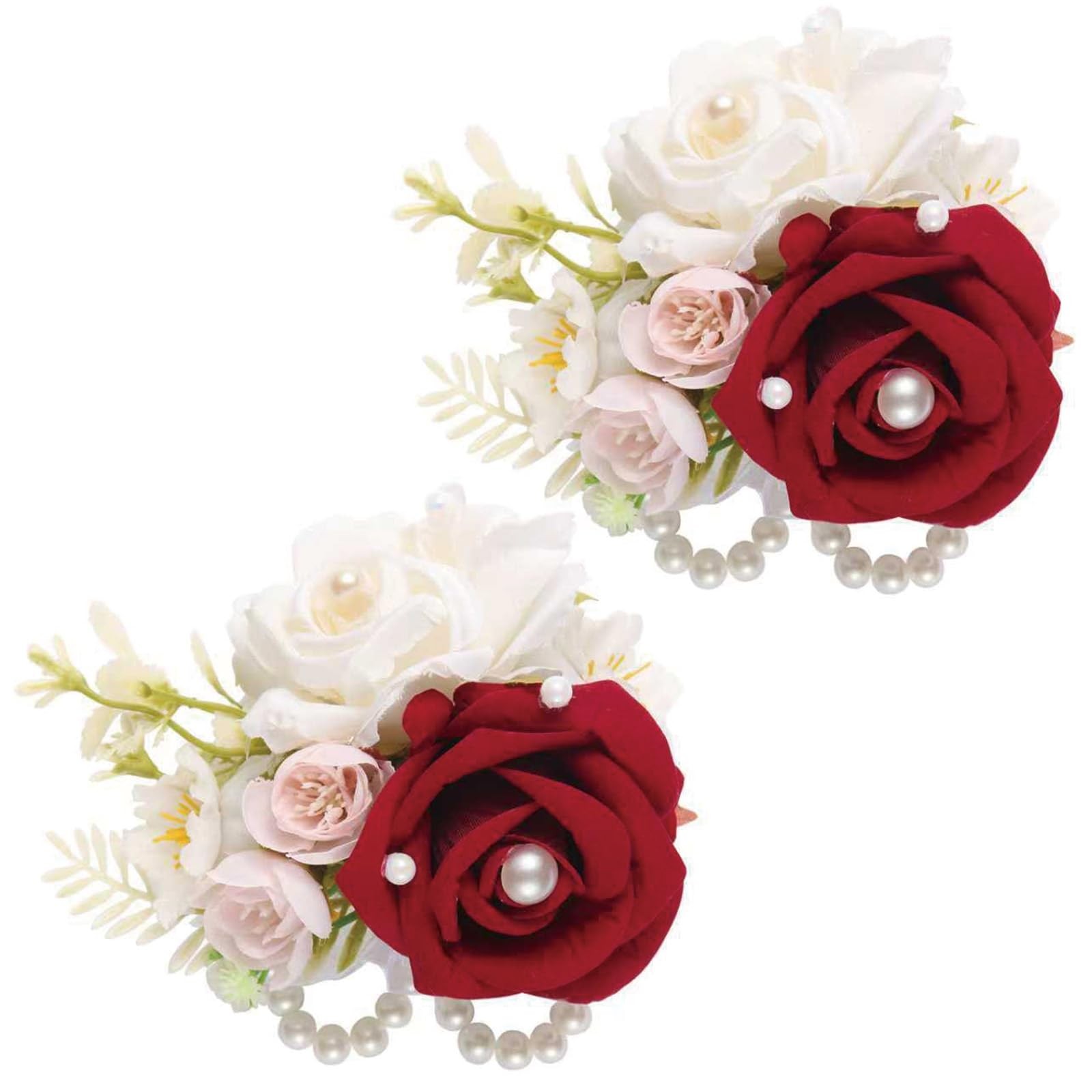 Dark Red Wrist Corsage And Boutonniere Set Artificial Rose Wedding 2 PCS
