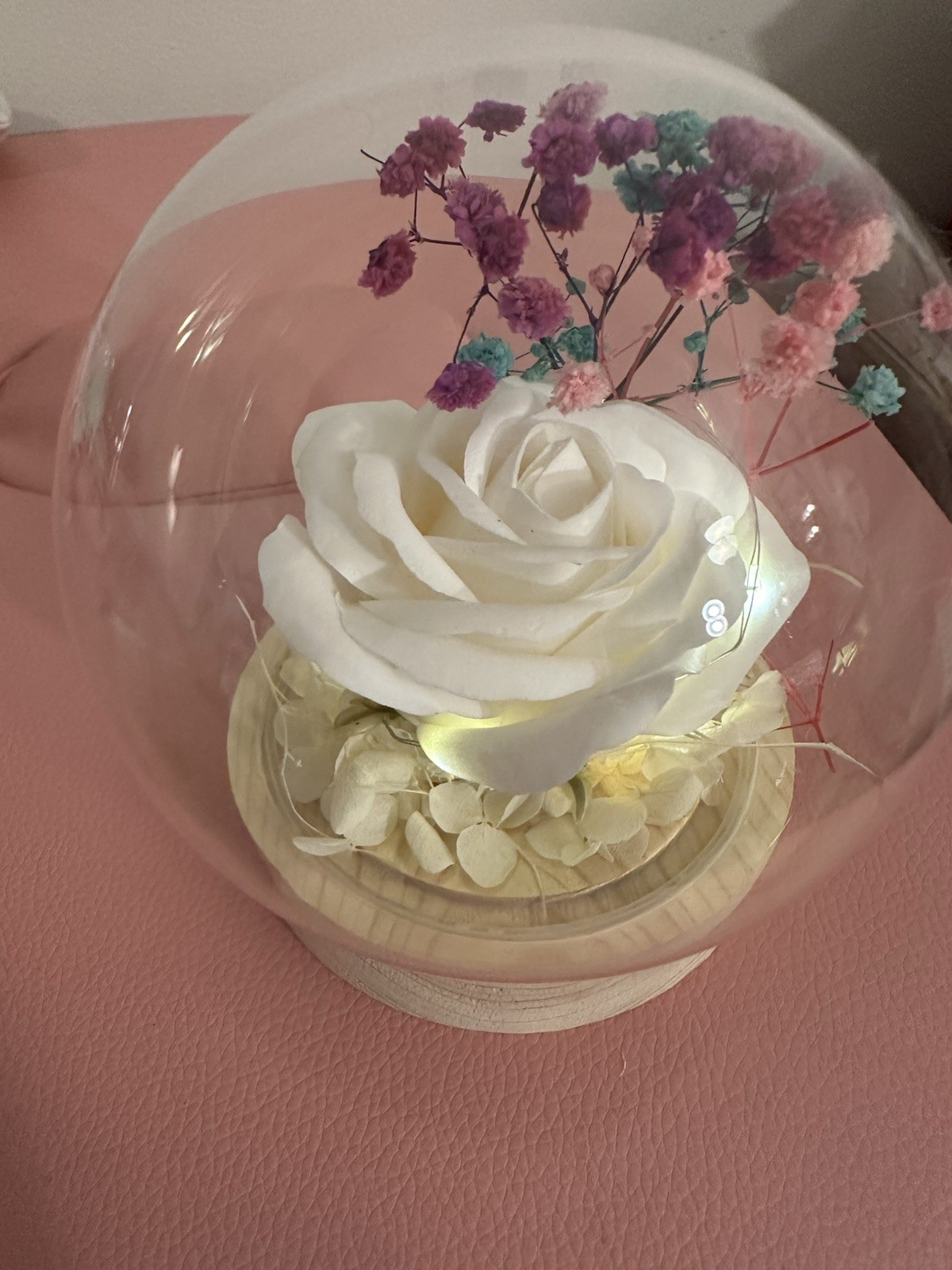Artificial Rose Floral Arrangement Glass Dome, White Purple Pink Blue Flowers