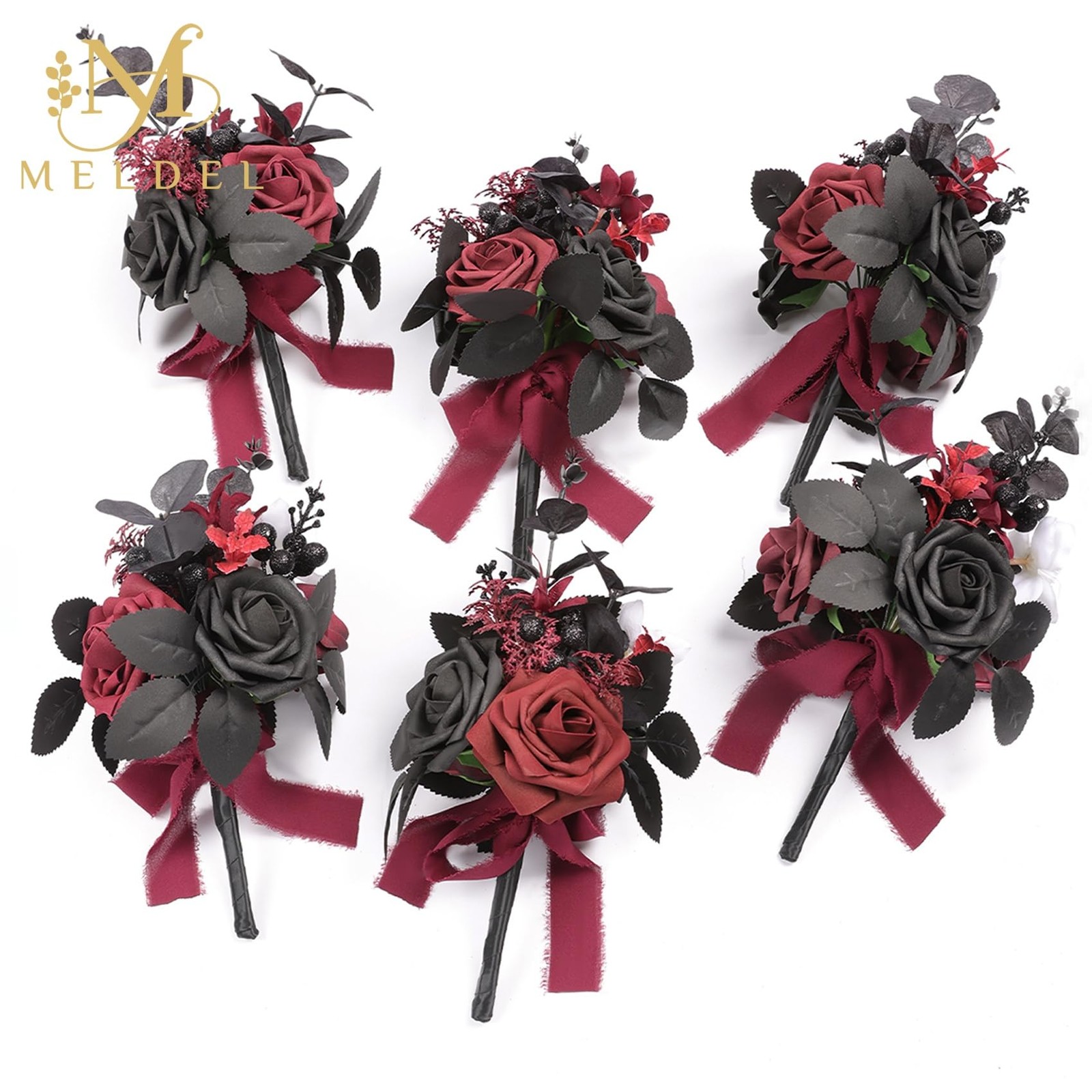 Wedding Flowers Fake Rose Mini Bridesmaid Bride Bouquets Black Burgundy Set o…