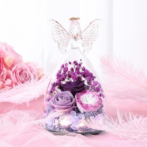 Christmas Rose Gifts for Women Preserved Real Flower in Glass Colorful Purple