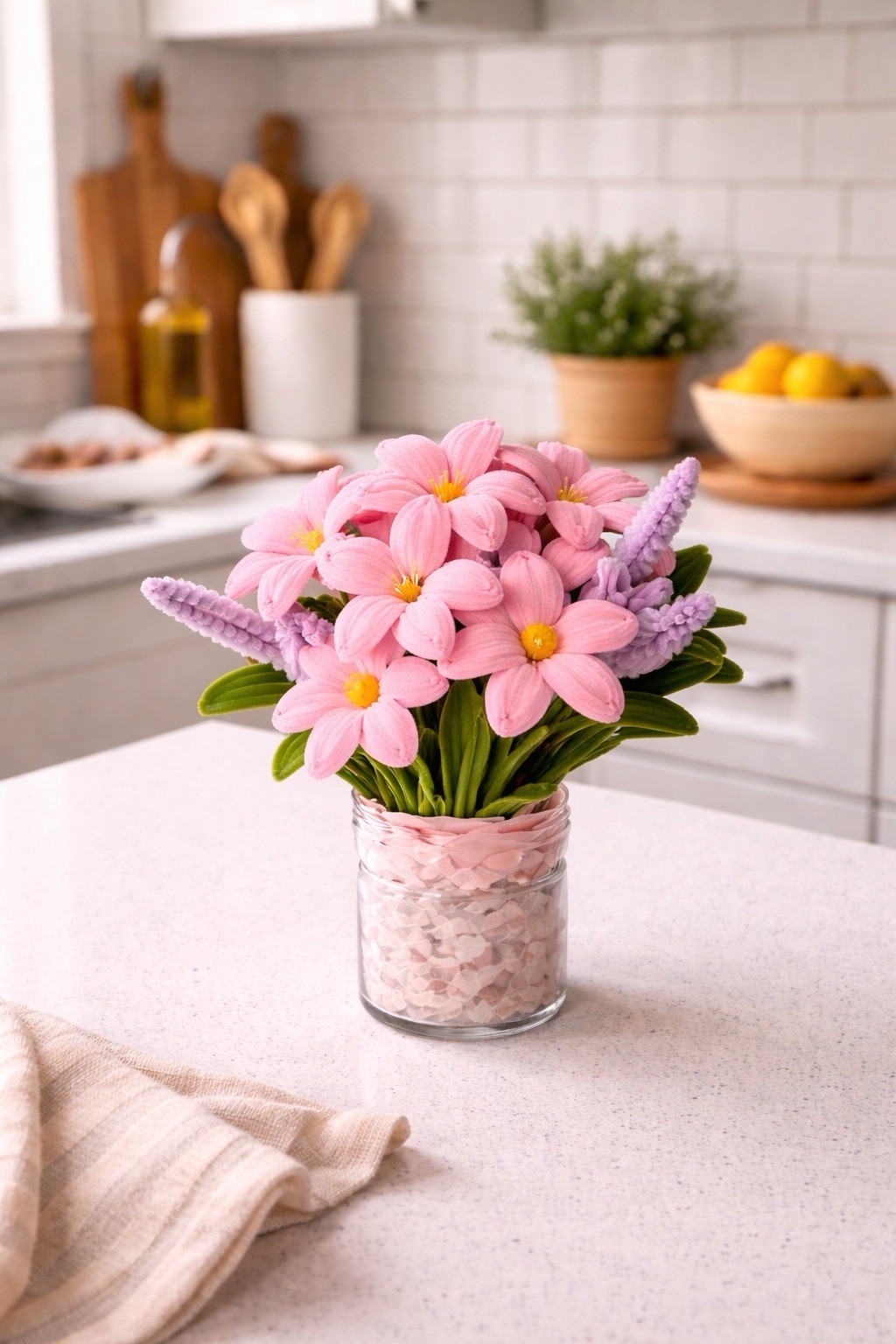 Artificial Daisy Flower Arrangement White Yellow Pink Purple Green in Vase