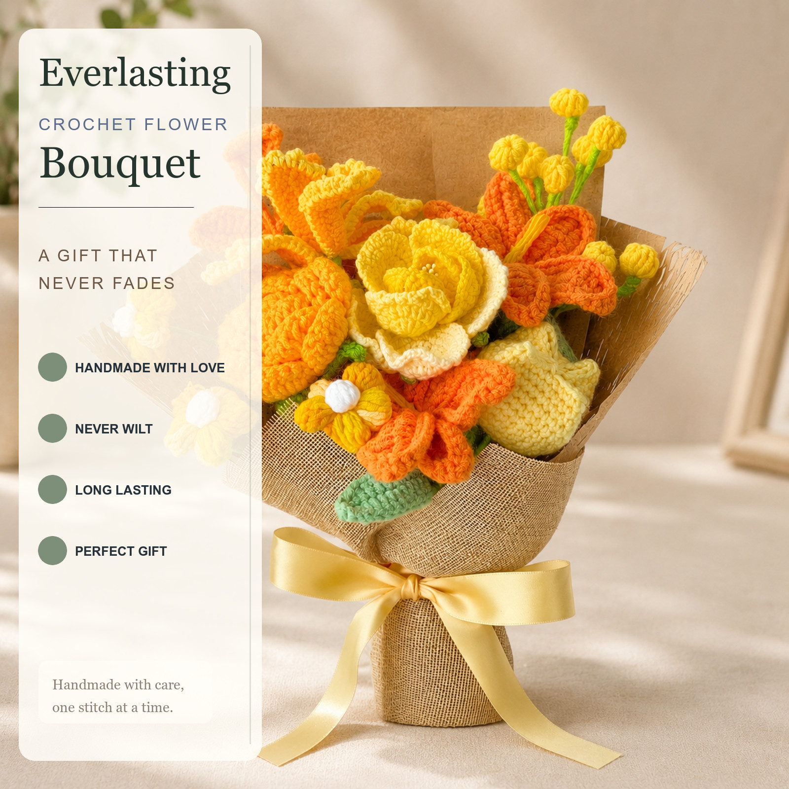 Yellow Orange Crochet Flower Bouquet Thank You Birthday Gift for Her