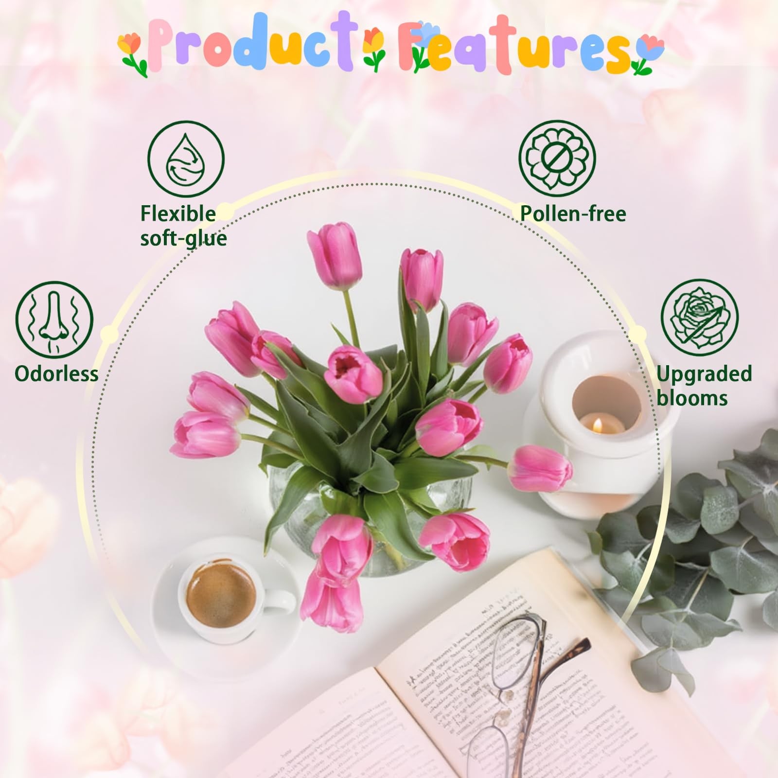 Deep Pink 15PCS 15.75″ Artificial Tulips, Premium Latex Natural Feel Fake Flo…
