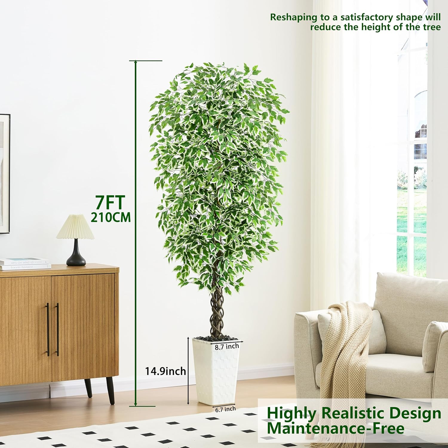 7FT Artificial Ficus Tree with White Planter – Lifelike Indoor/Outdoor Decor