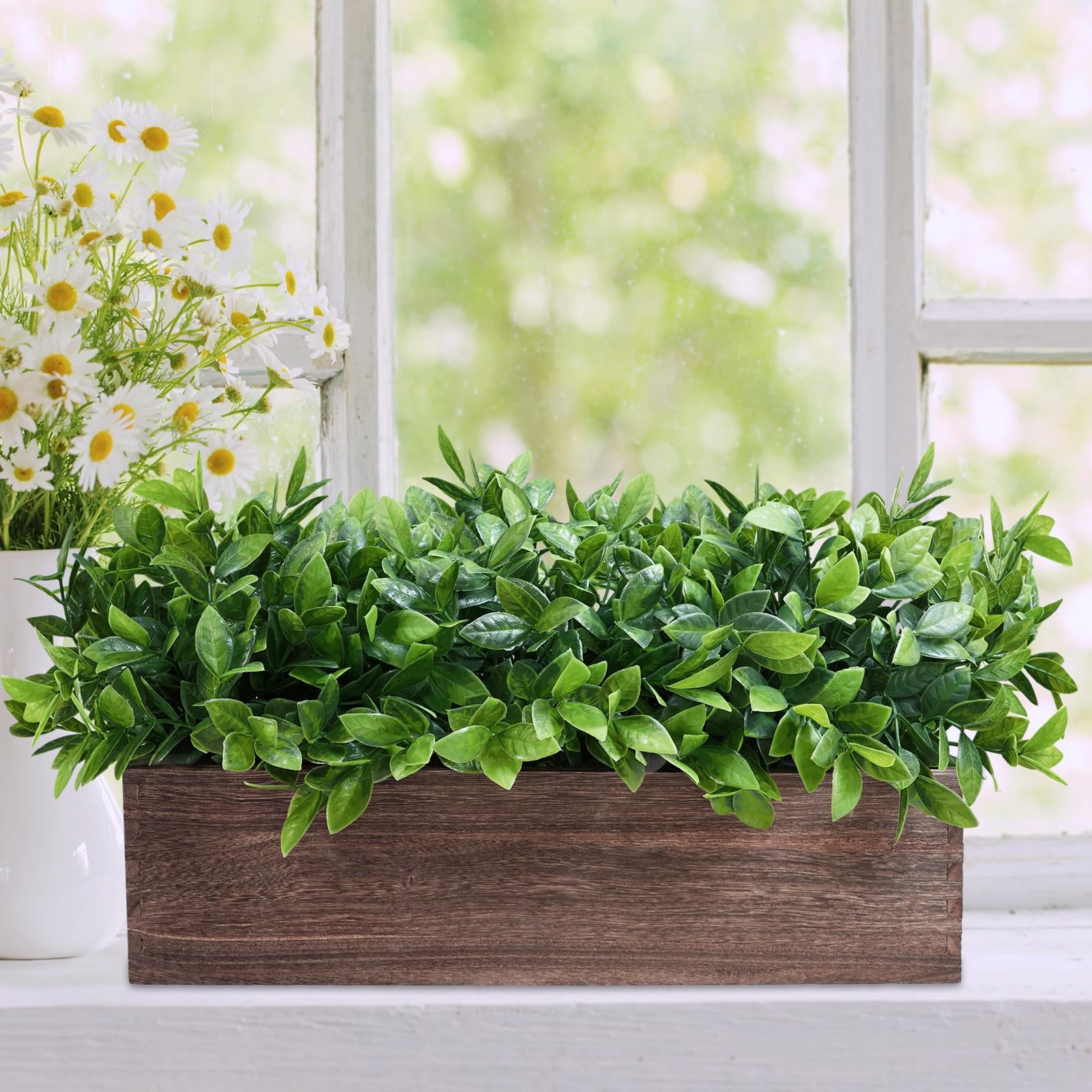 Best Winlyn 14″ Artificial Boxwood Plants in Rectangular Wood Planter Farmhouse