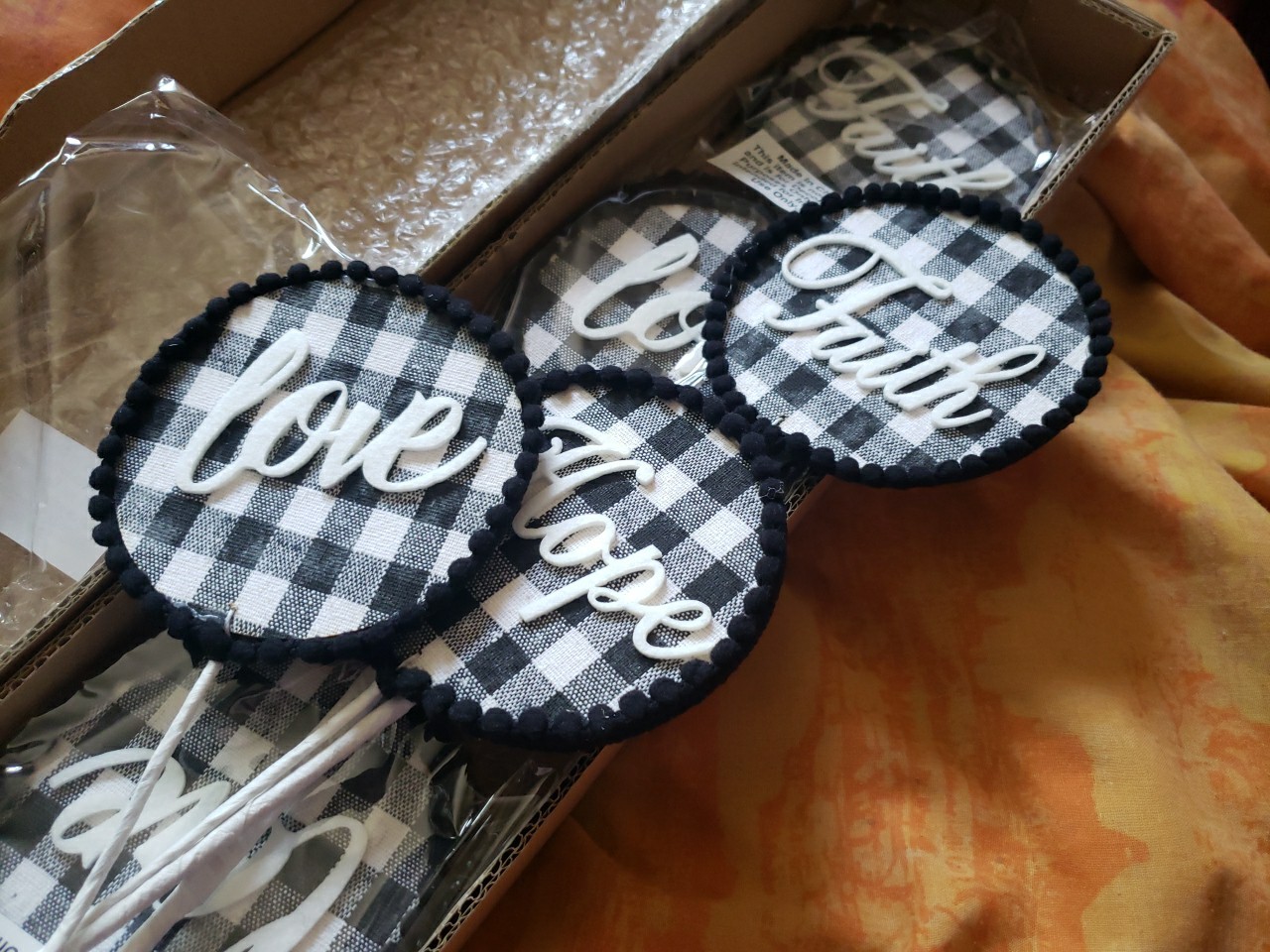 Faith Hope Love Floral Picks Black & White Plaid, Valerie Parr Hill, Set Of Four