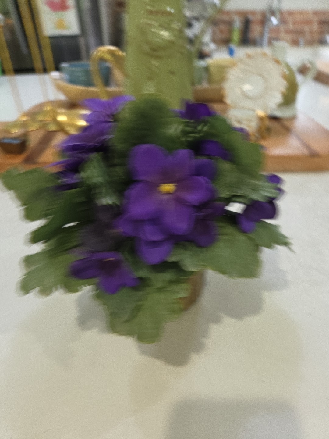 Artificial Miniature African Violet Silk Flowers In Solid Brass Pot Plant Decor