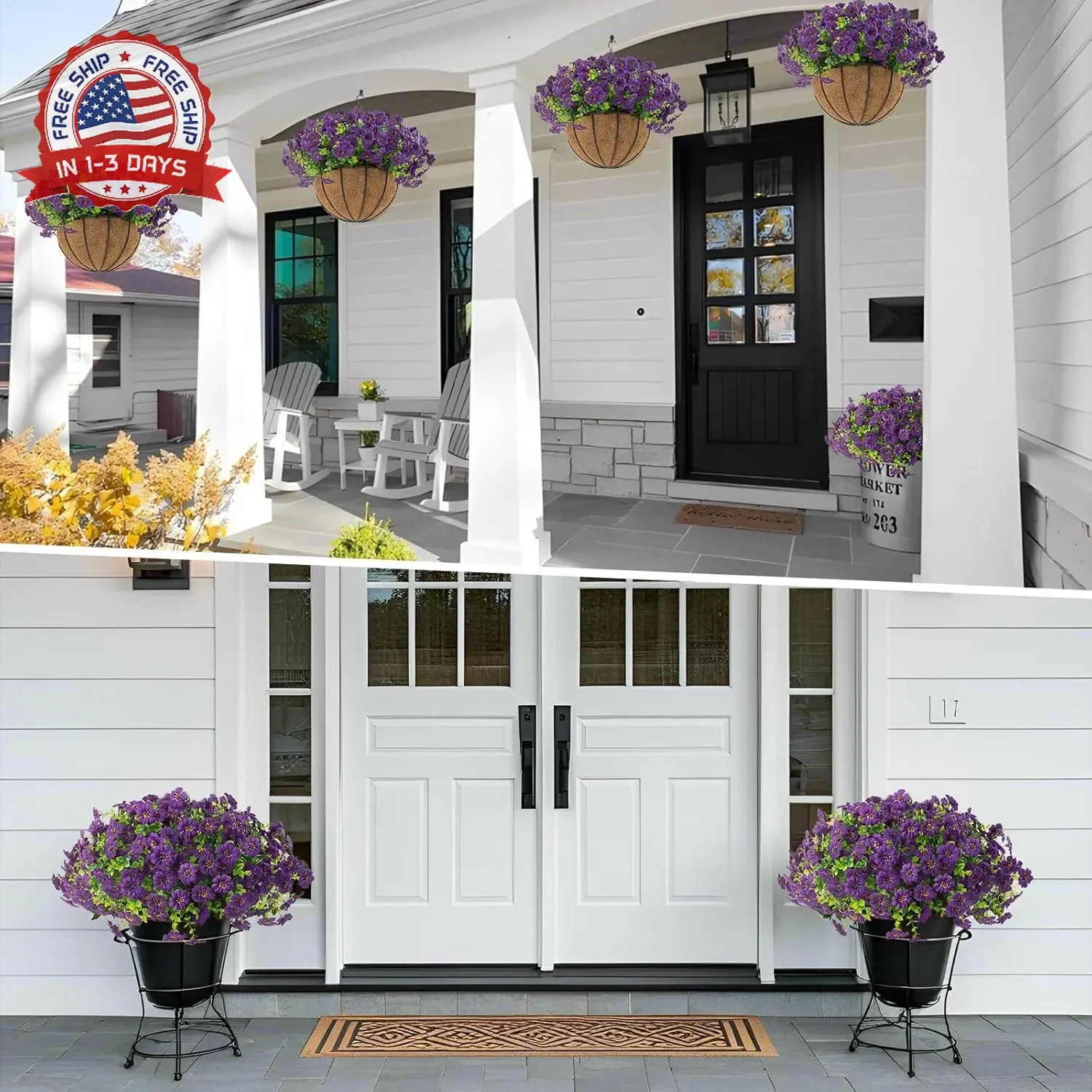 Hananona 2 Set Artificial Outdoor Flowers with Hanging Basket, 2 Hanging Planter