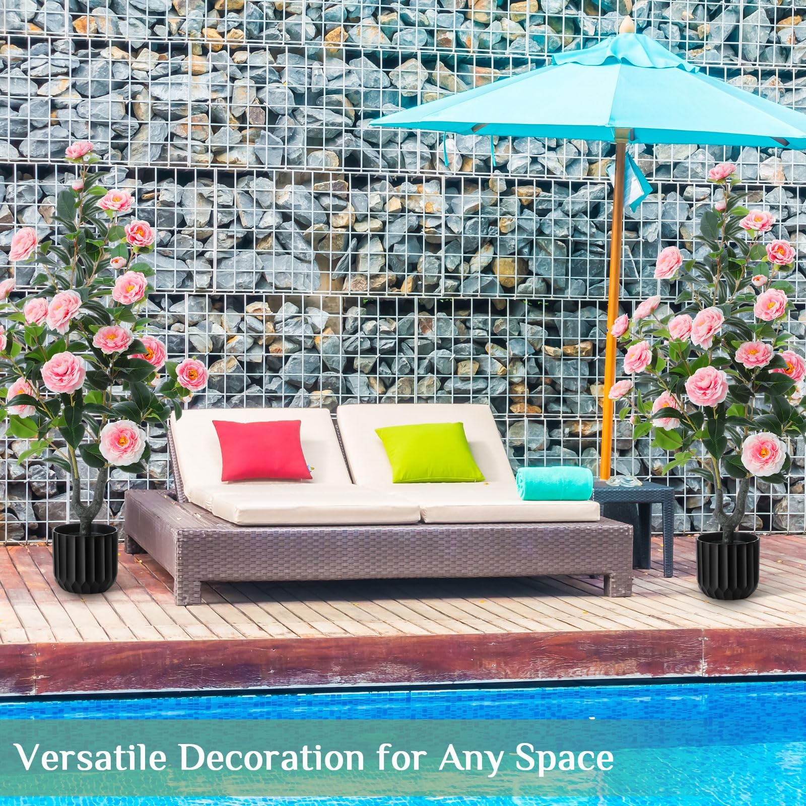 2 Pack 3.2 Ft Artificial Camellia Outdoor Trees Fake Faux Floral Flower Bloom…