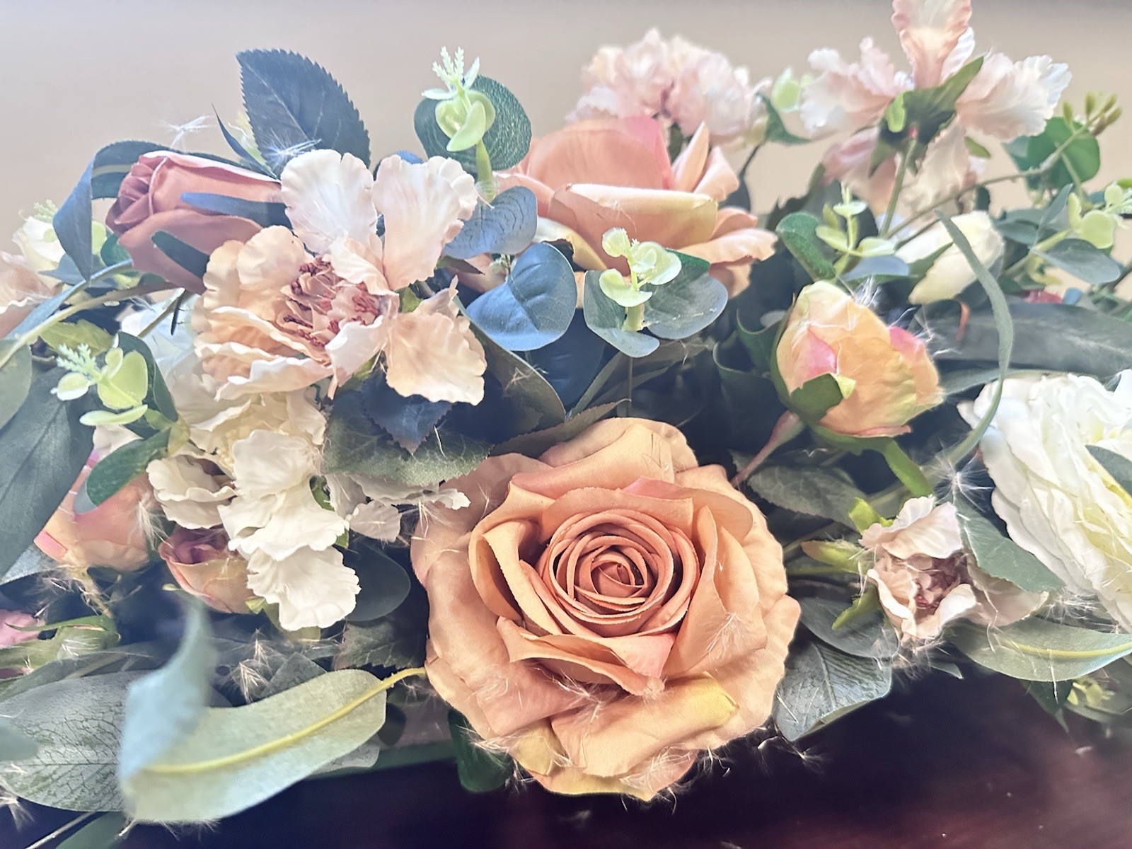Romantic French Garden Faux Floral Centerpiece Peach Roses White Peonies