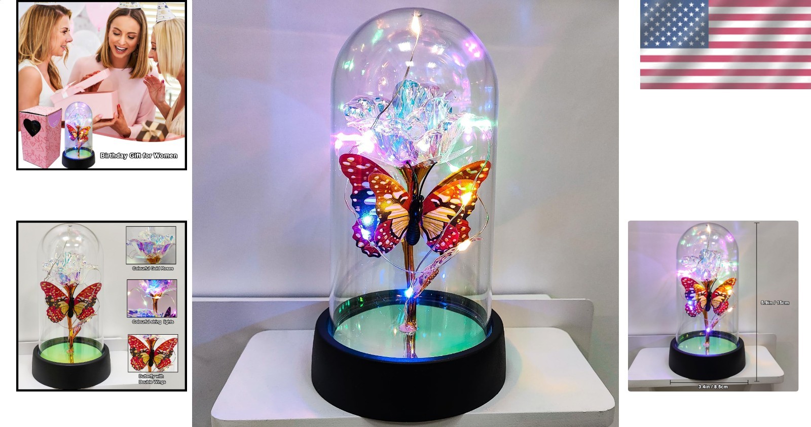 Butterfly Rose Flower Eternal LED Light Glass Dome Decor Mom Wife Birthday Gift