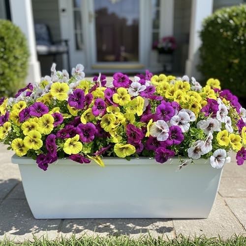 UV Resistant Artificial Pansy Flowers for Outdoors – 20 Purple, Yellow & White