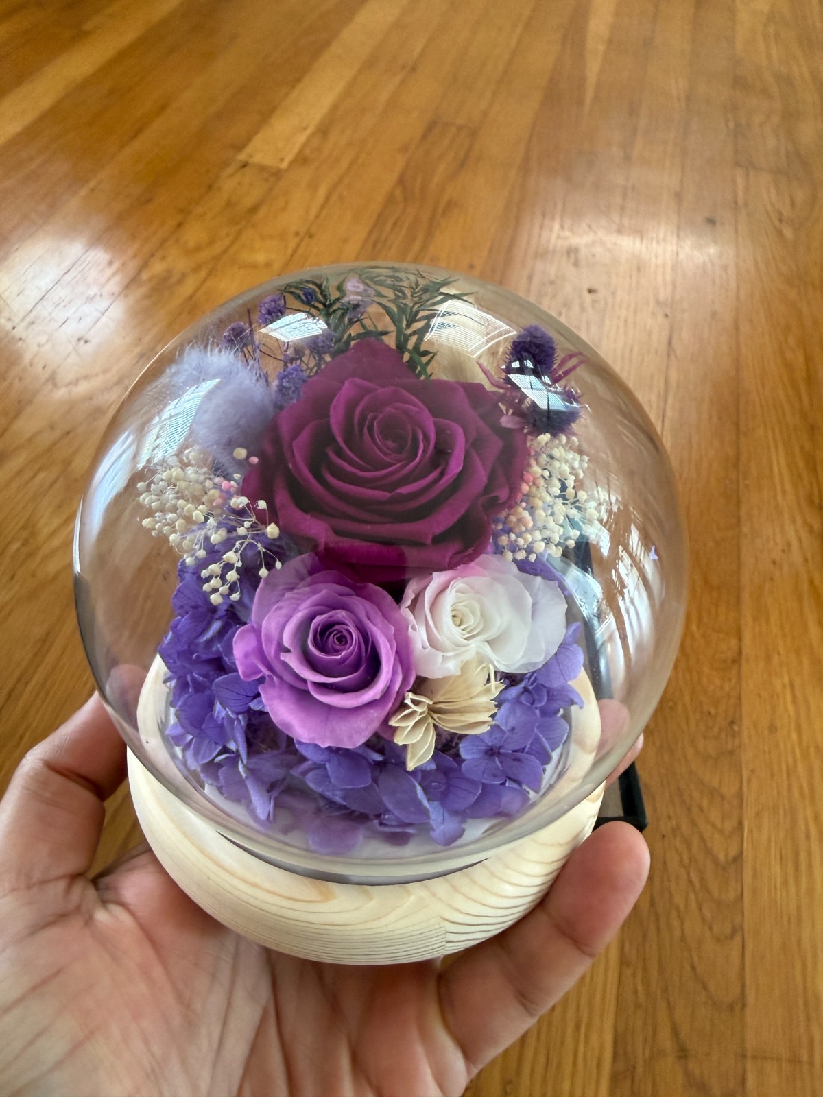 Preserved Eternal Rose Purple Glass Globe Dome LED Wood Base Gift Box Flowers