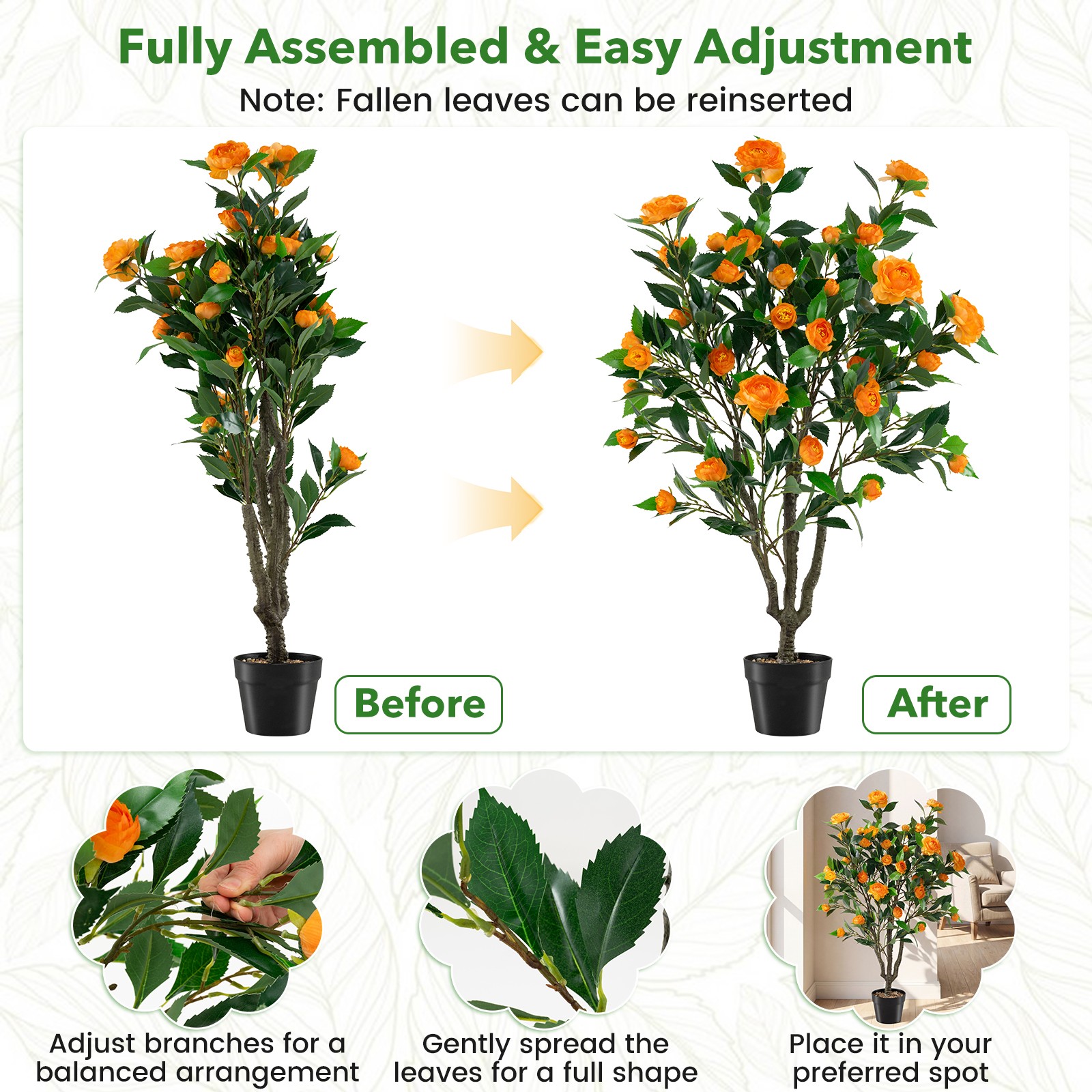 40″ Artificial Camellia Tree w/37 Flowers River Stones for Living Room Front