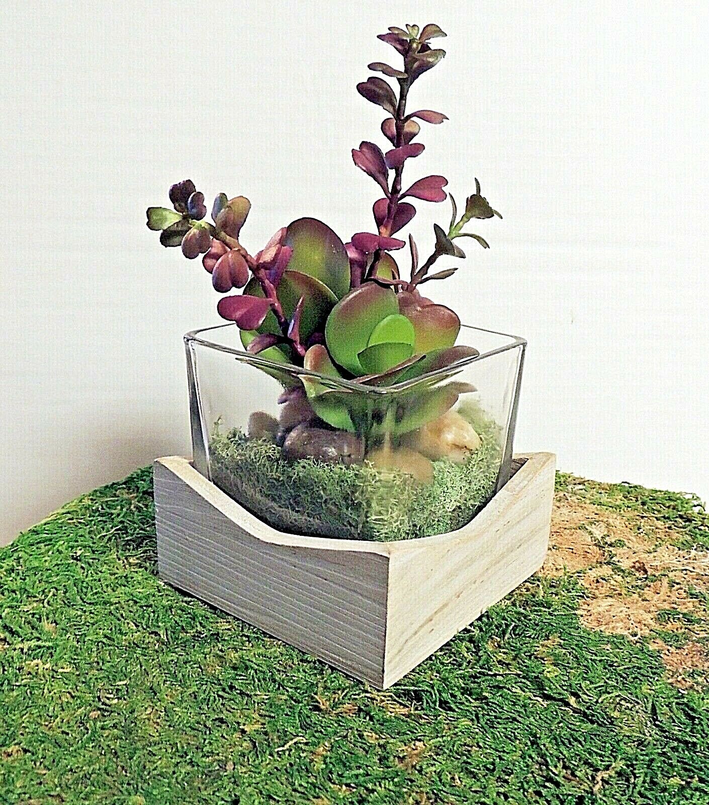 PRETTY FAUX SUCCULENT FLORALS in GLASS & WOOD CONTAINER NEW HANDMADE DECOR